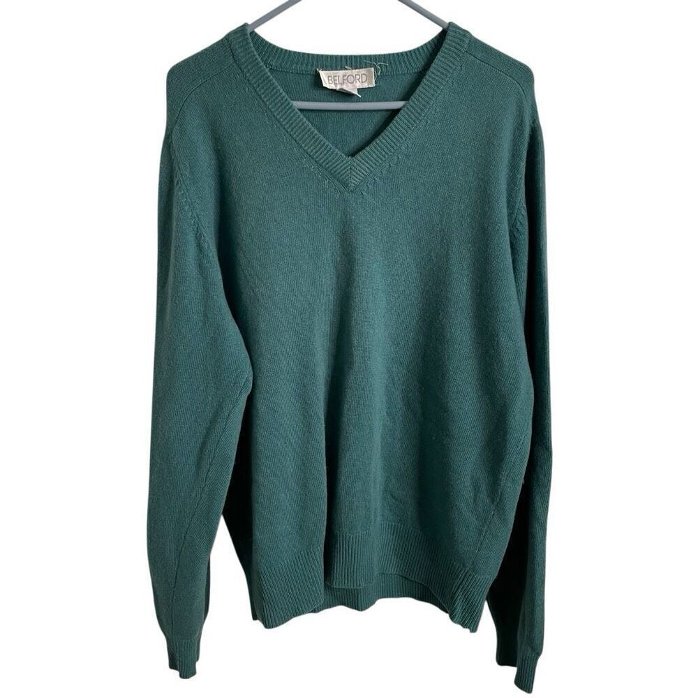 Vtg Belford Mens Cashmere V-Neck Sweater XL Heathered Teal Old Money Heritage